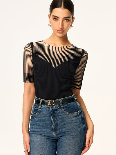 Sheer Striped Panel Ribbed Knit Top