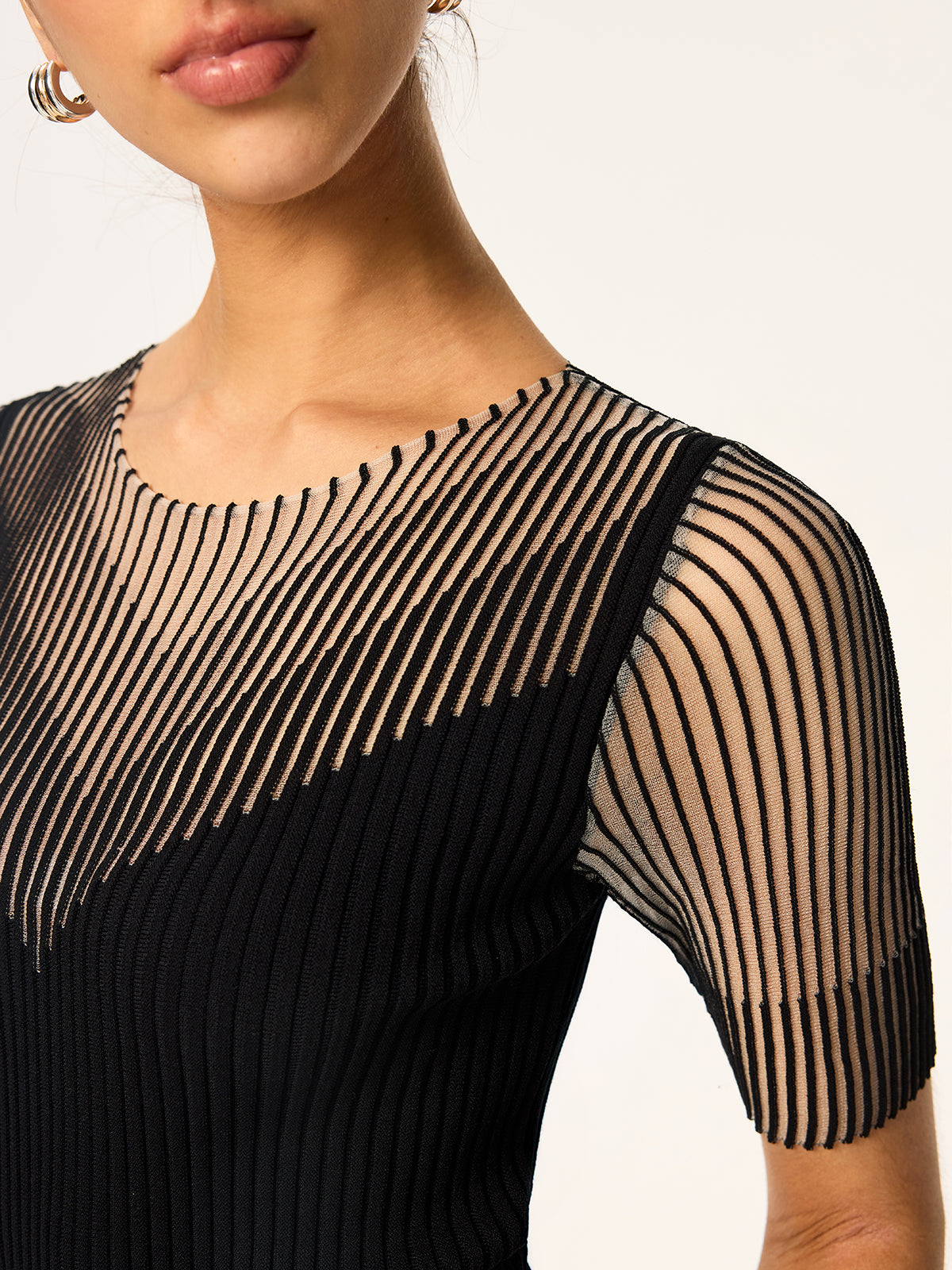 Sheer Striped Panel Ribbed Knit Top