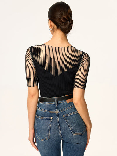 Sheer Striped Panel Ribbed Knit Top
