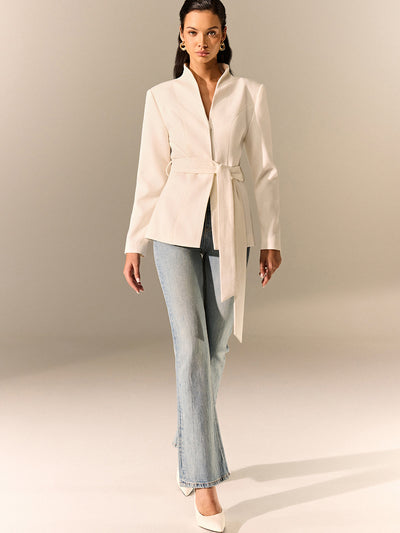 Stand Collar Belted Long Sleeve Blazer