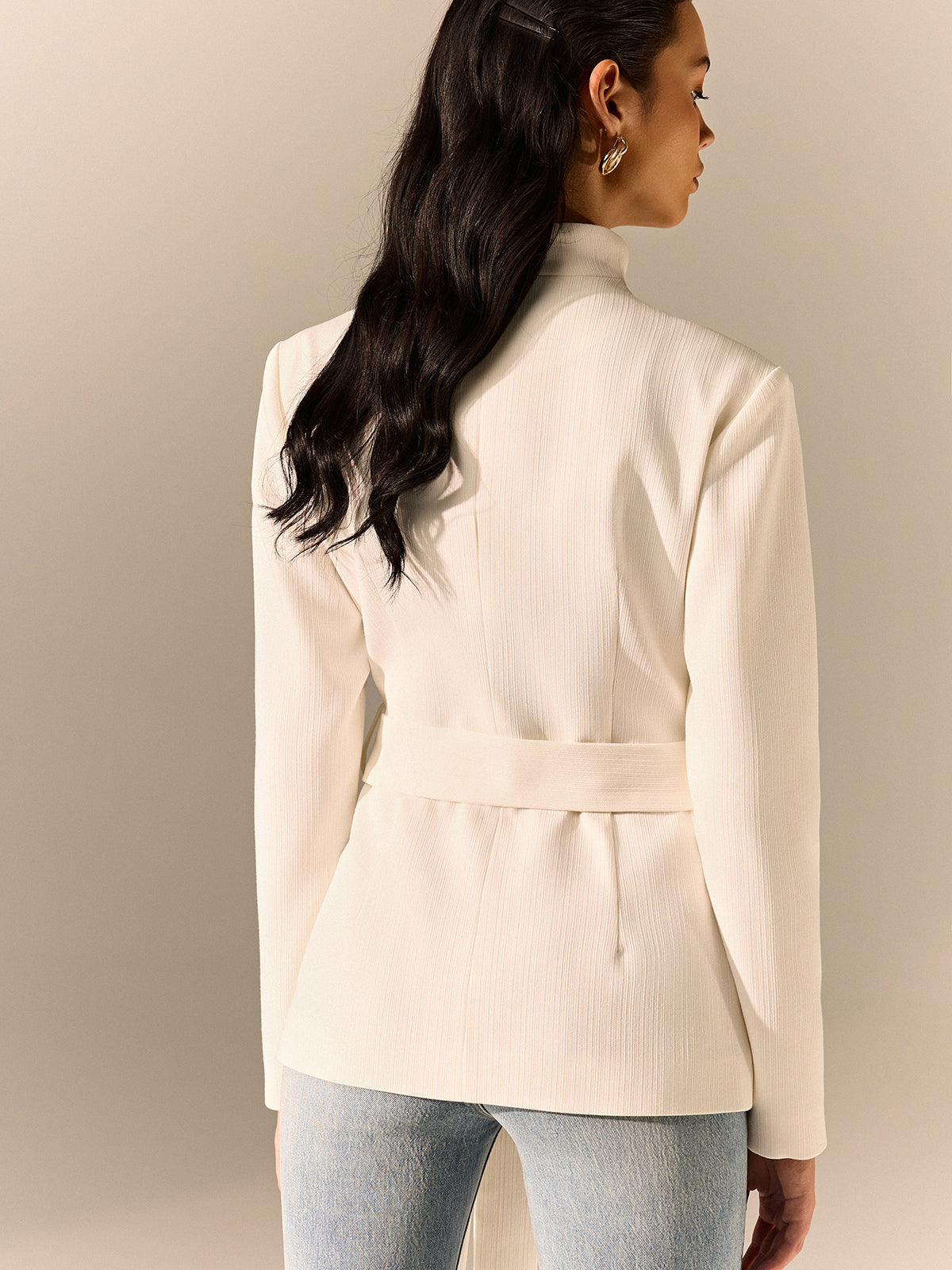 Stand Collar Belted Long Sleeve Blazer