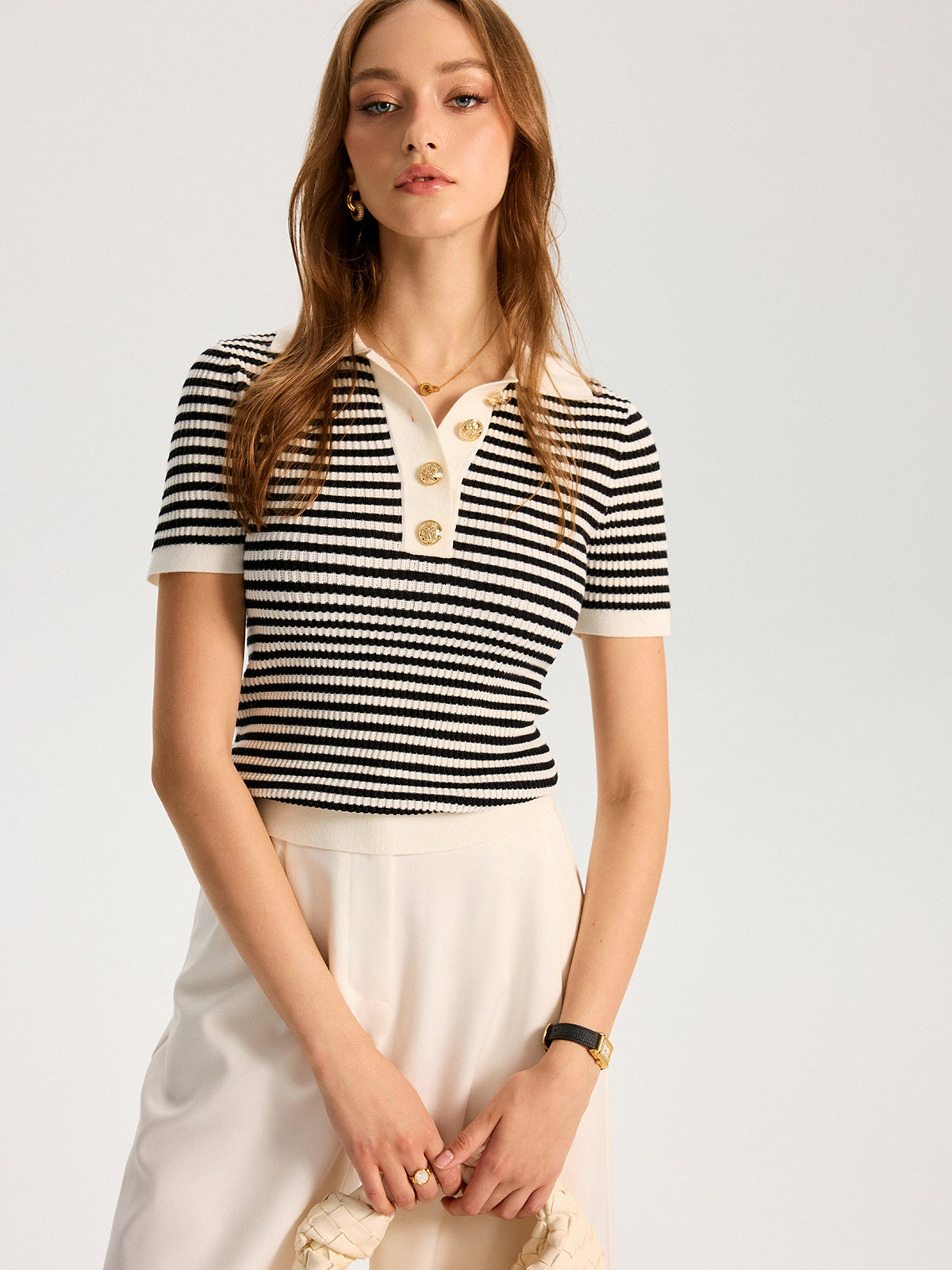 Metal Button Striped Knit Polo Top
