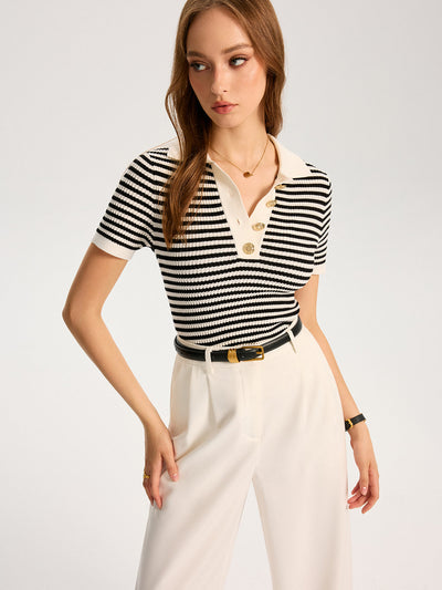 Metal Button Striped Knit Polo Top