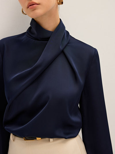 Satin Draped High Neck Blouse