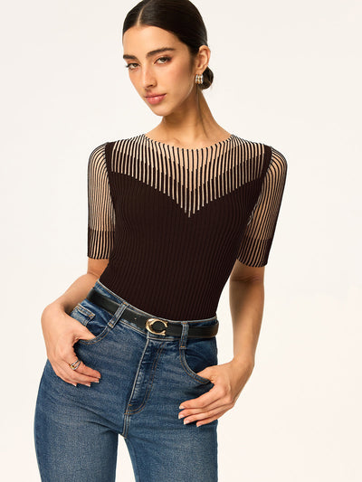 Sheer Striped Panel Ribbed Knit Top