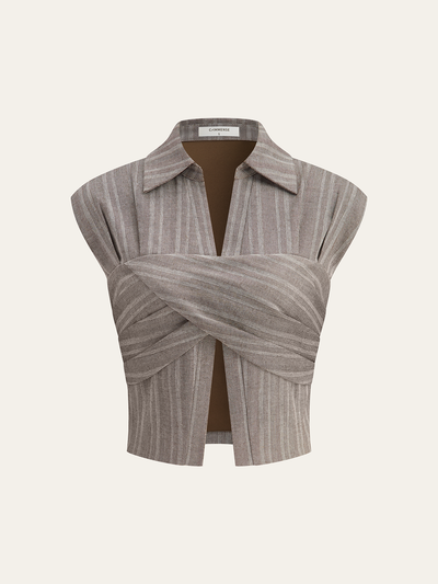 Linen Blend Cropped Blouse with Cross Wrap Detail