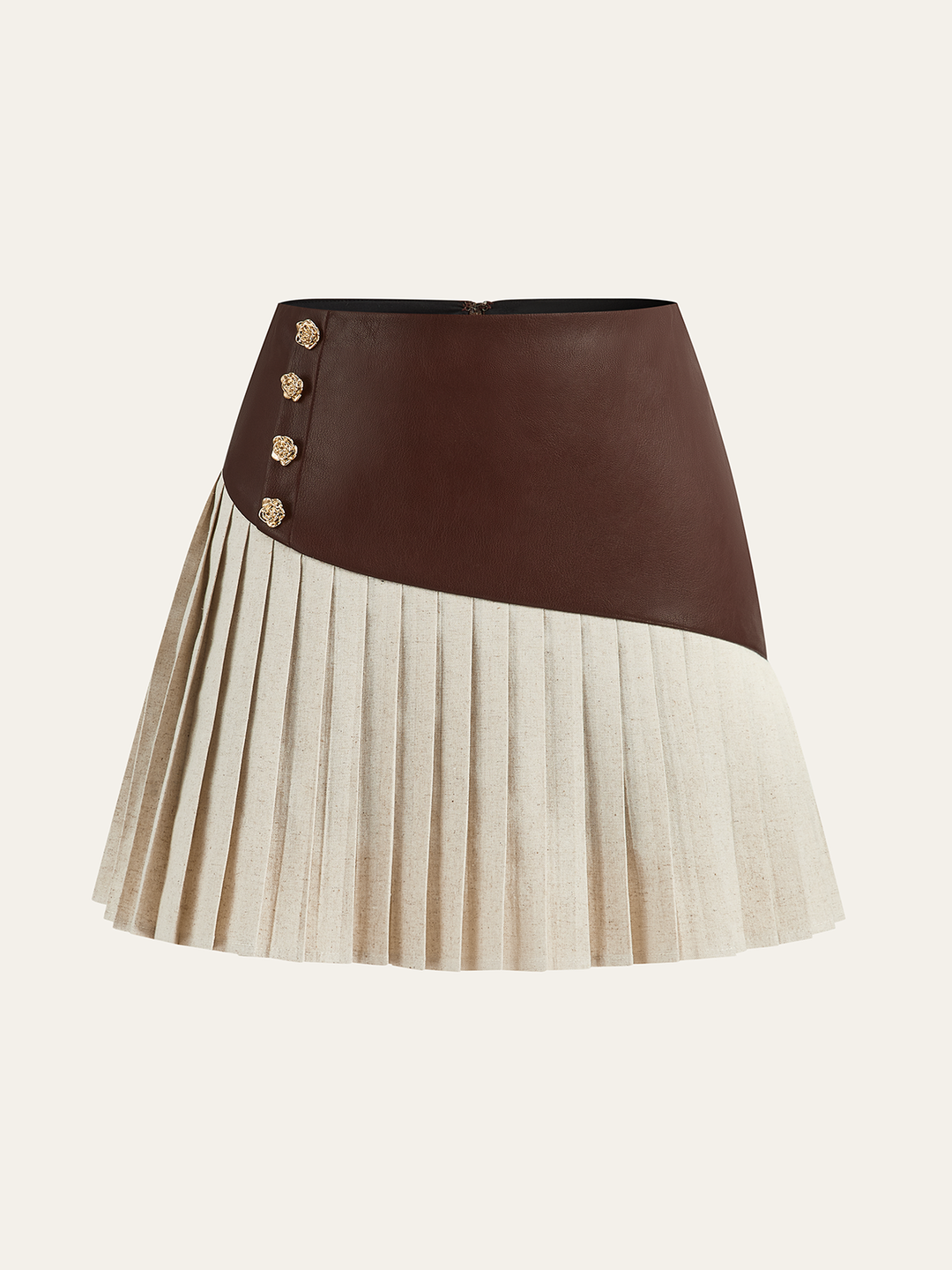 PU Panel Cotton &amp; Linen Pleated Mini Skirt
