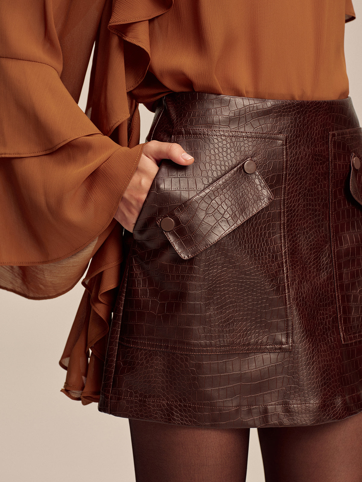 Faux Leather Crocodile-Embossed Mini Skirt