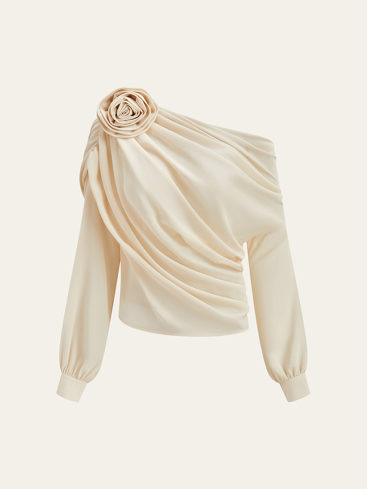 Chiffon Semi-Sheer One Shoulder Asymmetrical Blouse