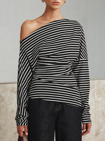 Striped Asymmetric One-Shoulder T-Shirt