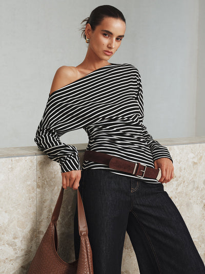 Striped Asymmetric One-Shoulder T-Shirt