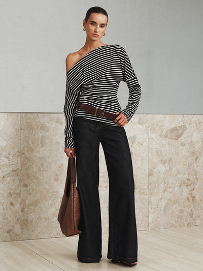 Striped Asymmetric One-Shoulder T-Shirt