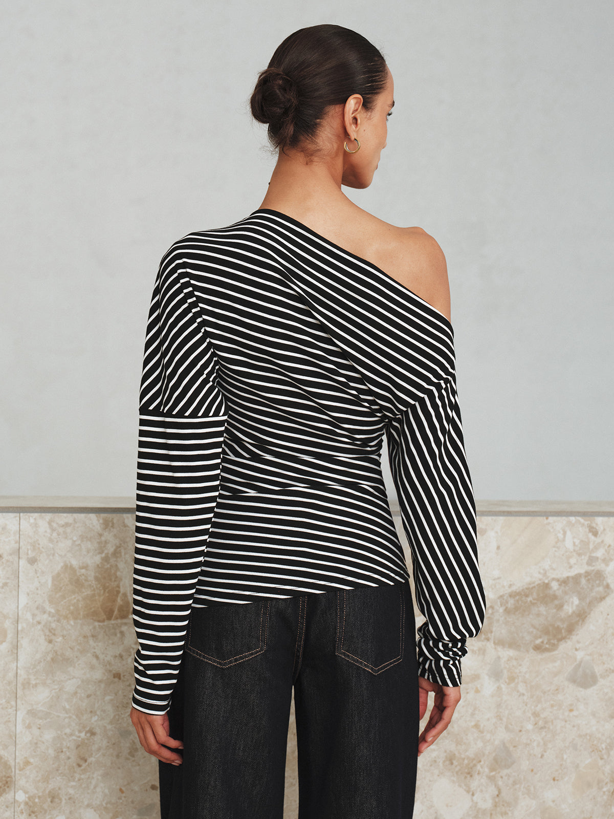 Striped Asymmetric One-Shoulder T-Shirt