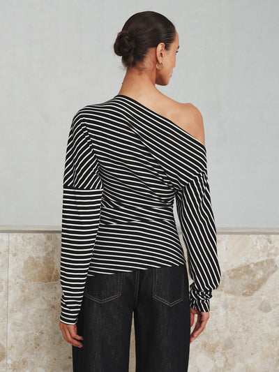 Striped Asymmetric One-Shoulder T-Shirt