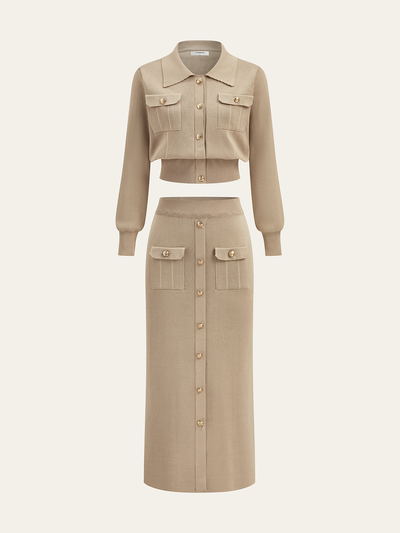 Metal Button Collared Cardigan and Midi Skirt Set