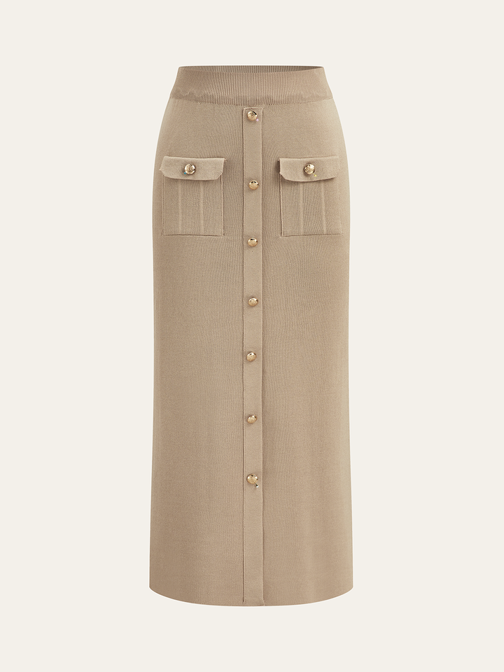 Metal Button Collared Cardigan and Midi Skirt Set