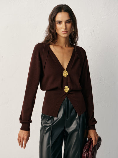 Metal Button V-Neck Knit Cardigan