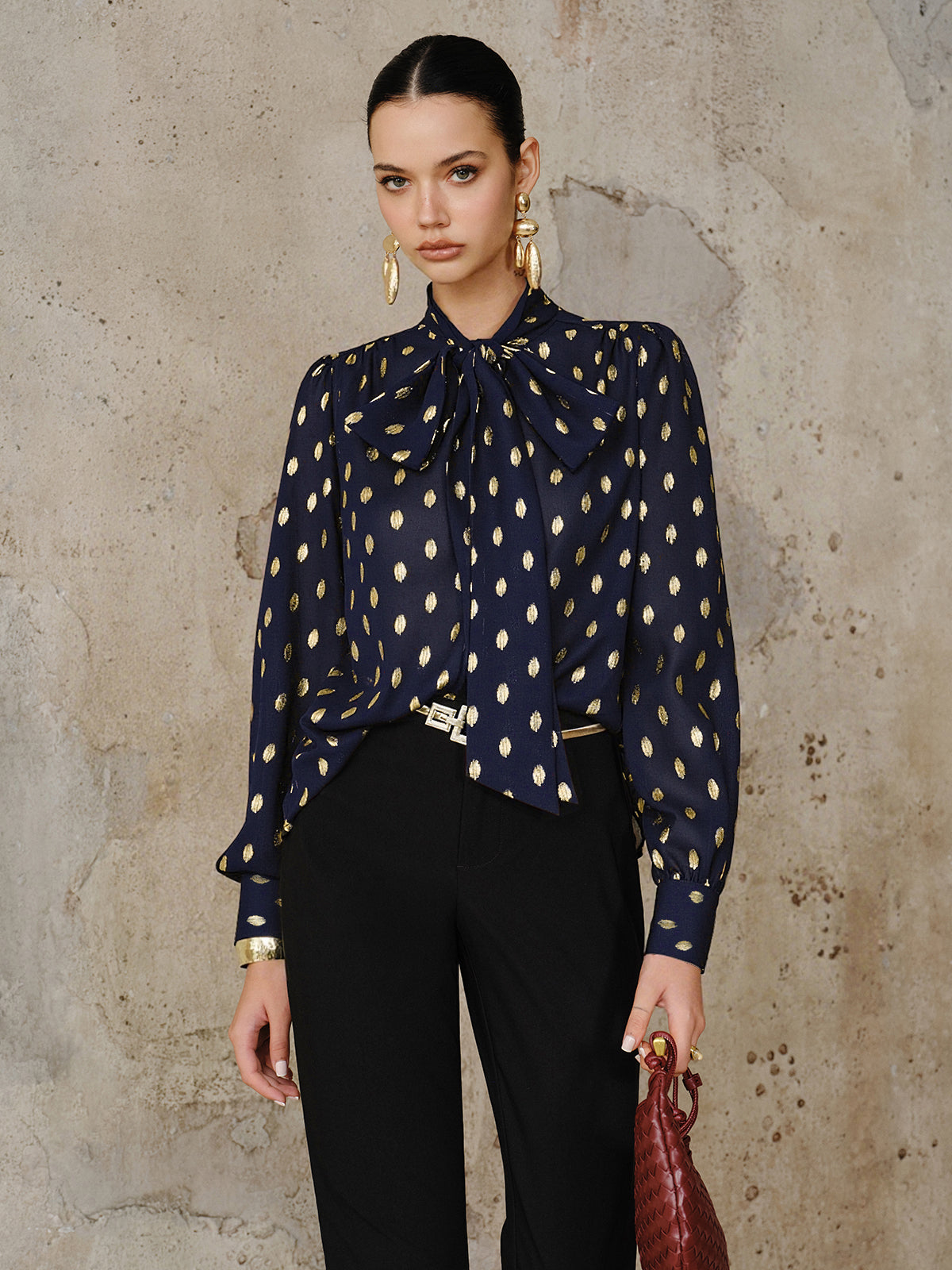Polka Dot Bow Neckline Semi-Sheer Blouse