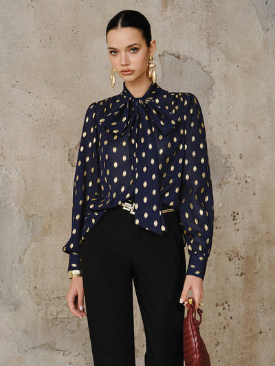Polka Dot Bow Neckline Semi-Sheer Blouse