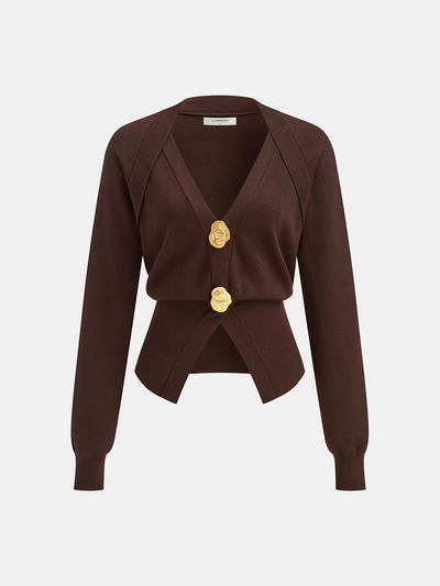 Metal Button V-Neck Knit Cardigan