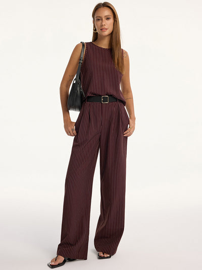 Pinstripe Sleeveless Top and Pants Set with Belt