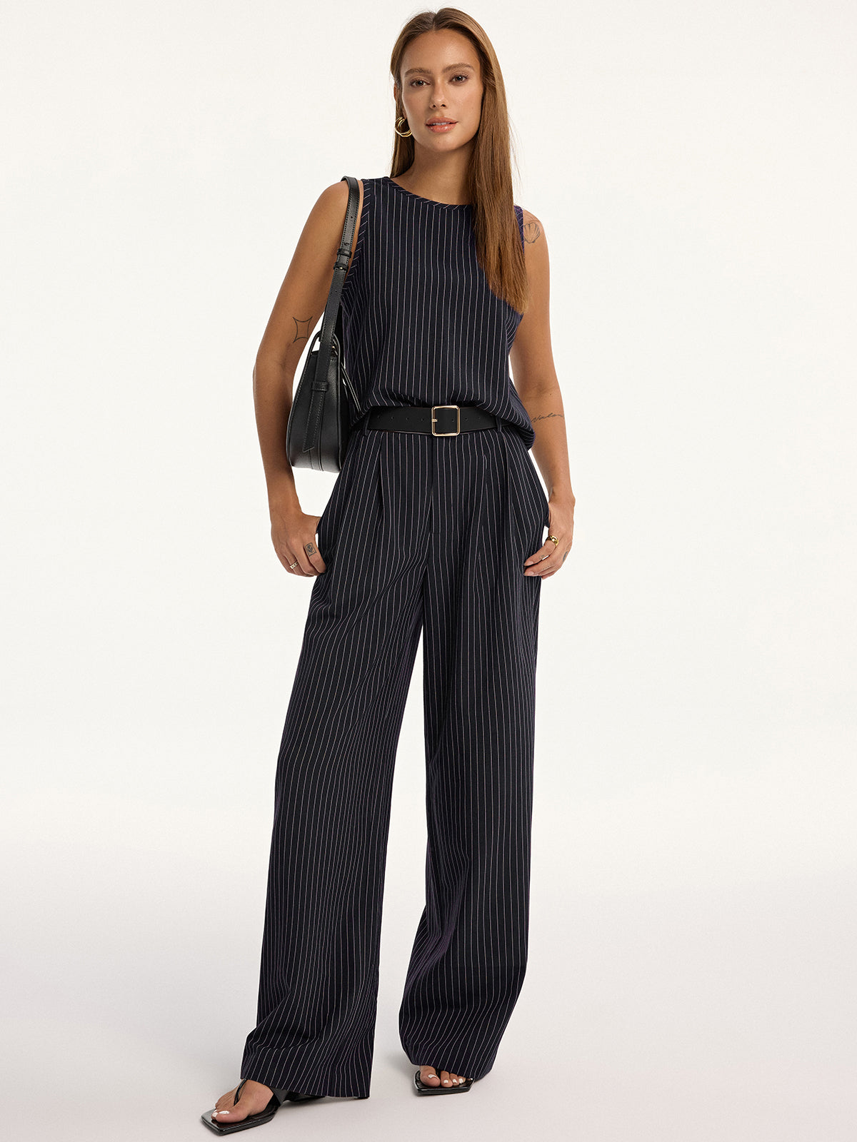 Pinstripe Sleeveless Top and Pants Set with Belt