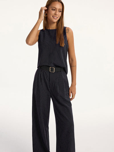 Pinstripe Sleeveless Top and Pants Set with Belt