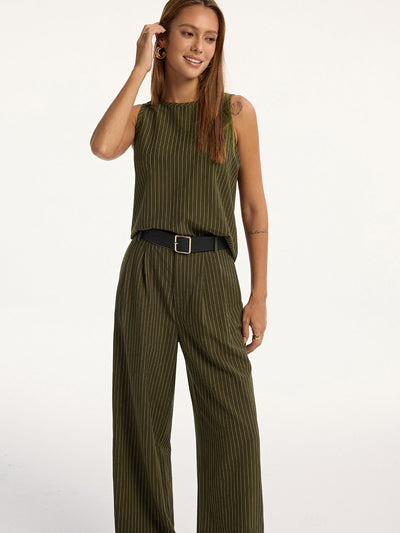 Pinstripe Sleeveless Top and Pants Set with Belt