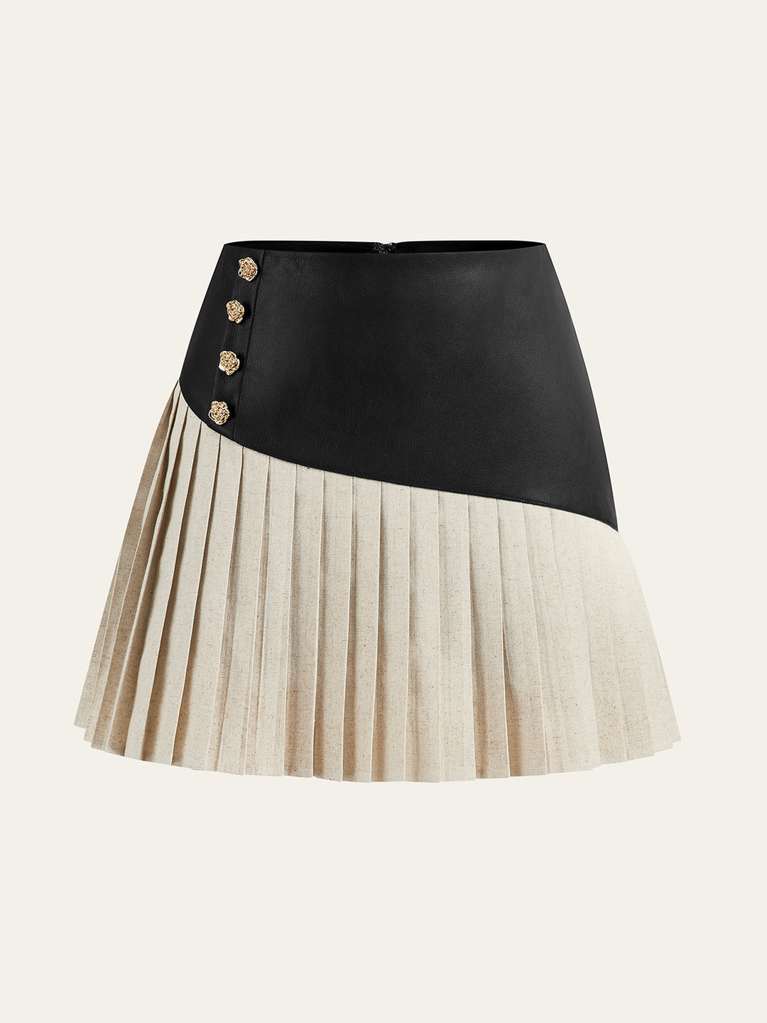PU Panel Cotton &amp; Linen Pleated Mini Skirt