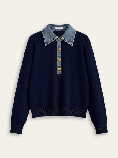 Denim Collar Wool Blend Knit Top