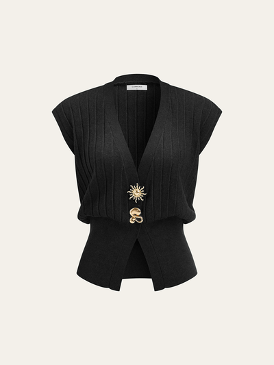 Metal Detail Cap Sleeve Ribbed Knit Vest