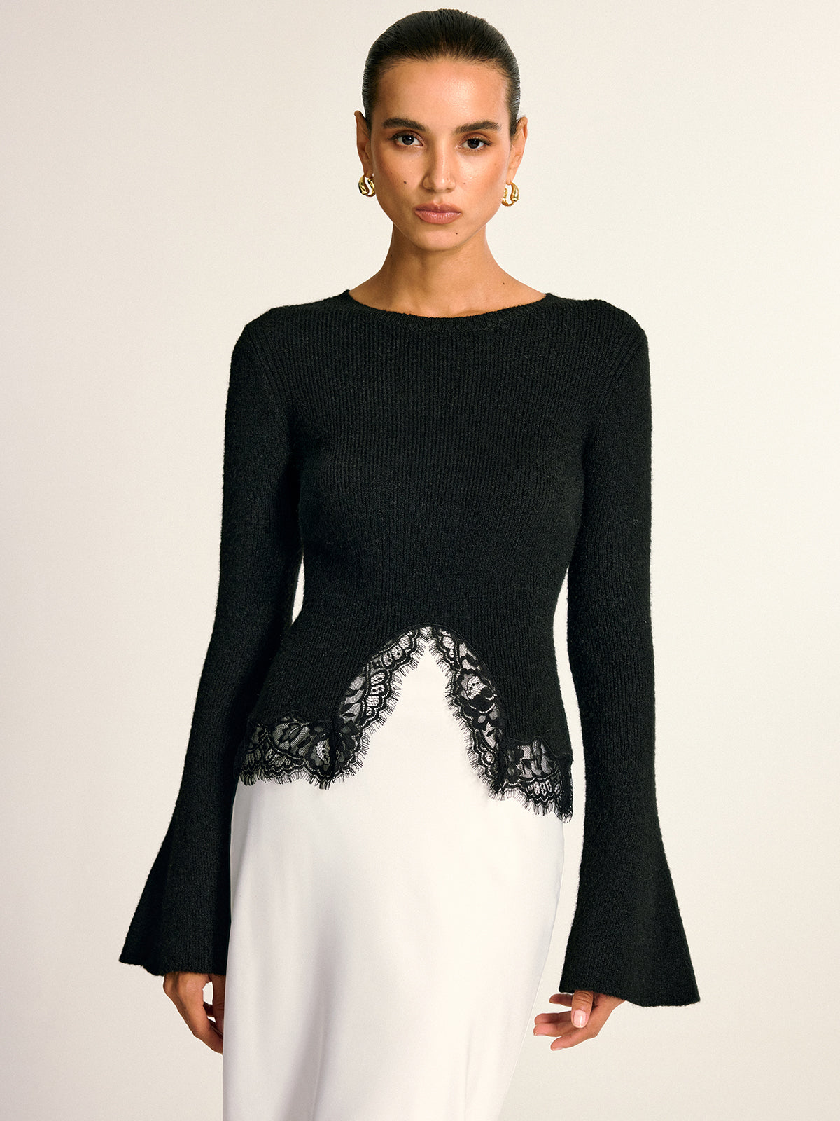 Lace Hem Bell Sleeve Wool Blend Knit Top