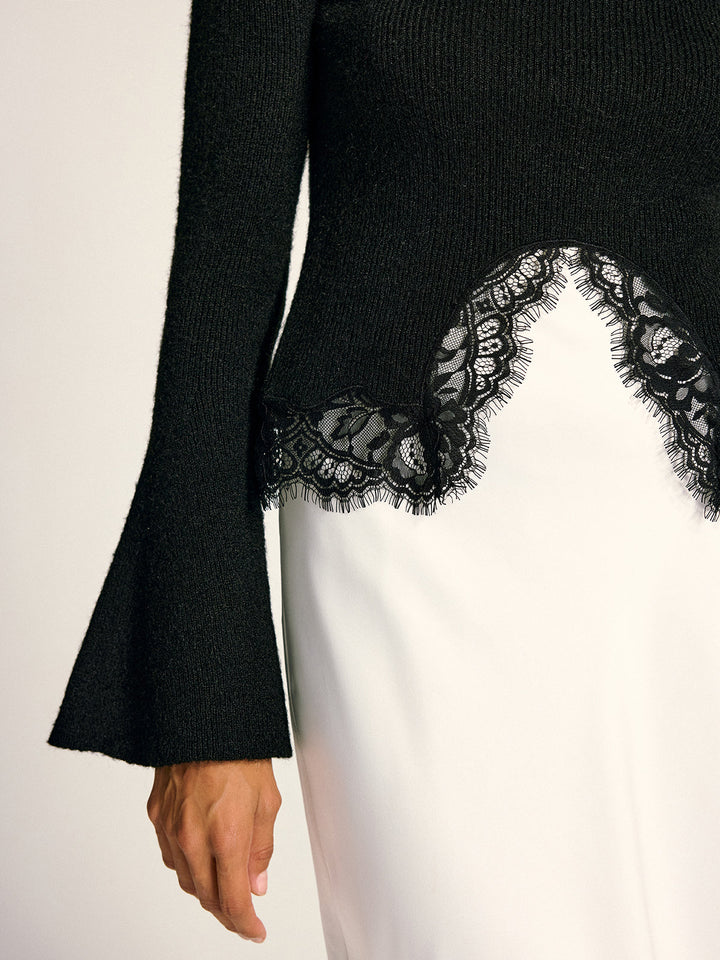 Lace Hem Bell Sleeve Wool Blend Knit Top