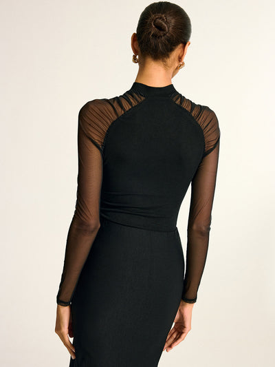 Stand Collar Sheer Sleeve Fitted Blouse