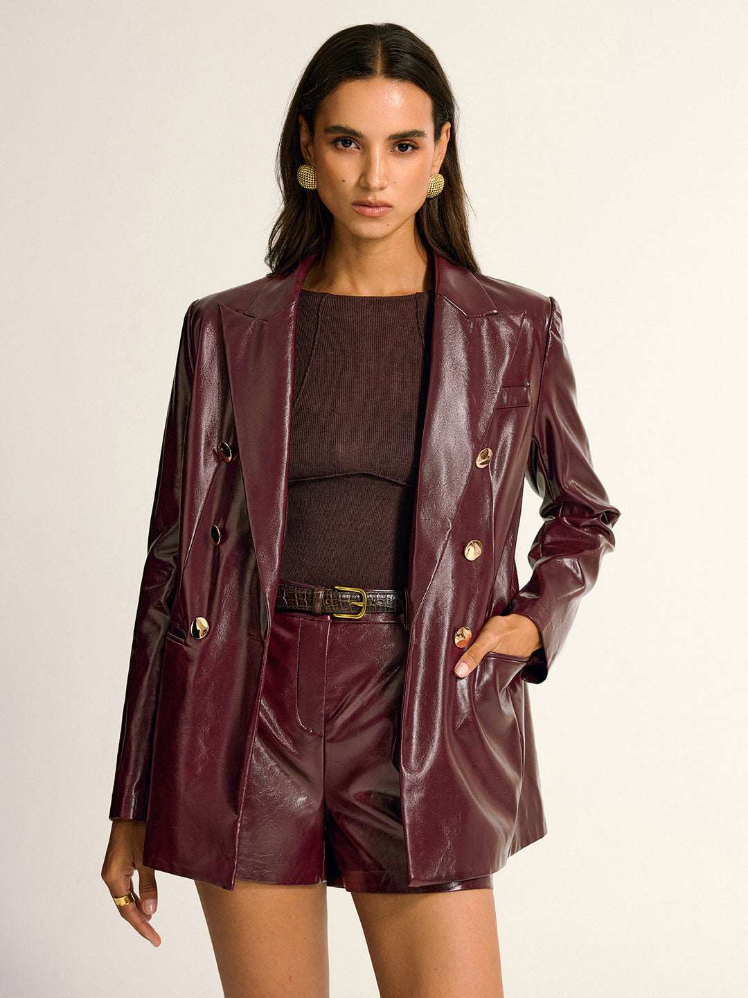 PU Leather Metal Button Lapel Pocket Blazer