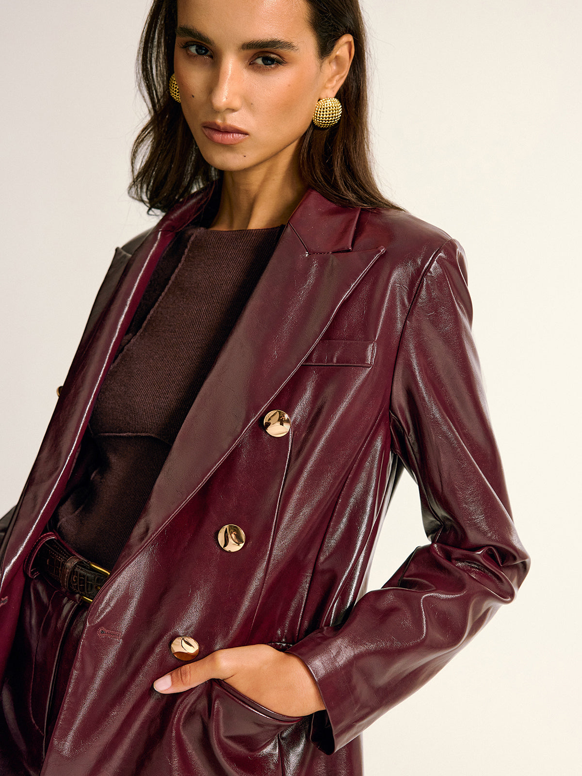 PU Leather Metal Button Lapel Pocket Blazer