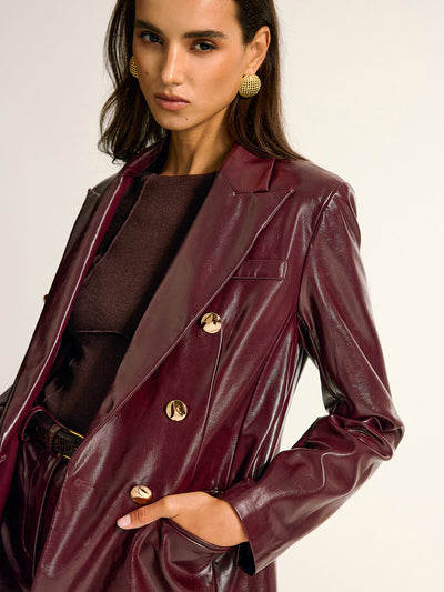 PU Leather Metal Button Lapel Pocket Blazer