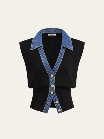 Denim Trim Metal Button Knit Vest
