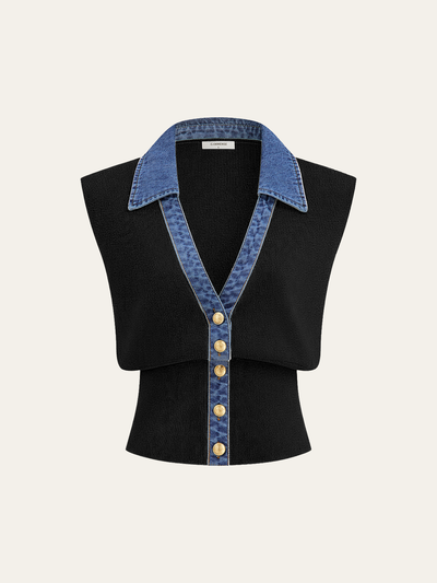 Denim Trim Metal Button Knit Vest