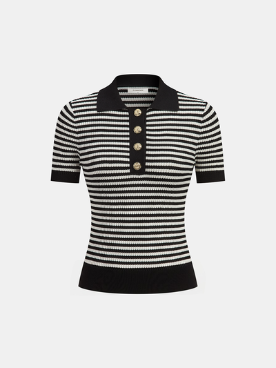 Metal Button Striped Knit Polo Top