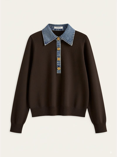 Denim Collar Wool Blend Knit Top