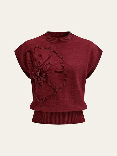 Flower Applique Cap Sleeve Knit Top
