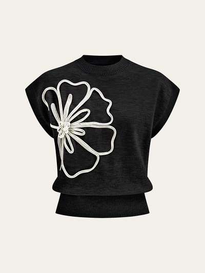 Flower Applique Cap Sleeve Knit Top