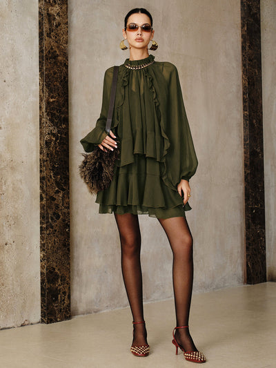 Tiered Ruffle Chiffon Mini Dress Set with Liner