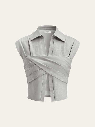 Linen Blend Cropped Blouse with Cross Wrap Detail