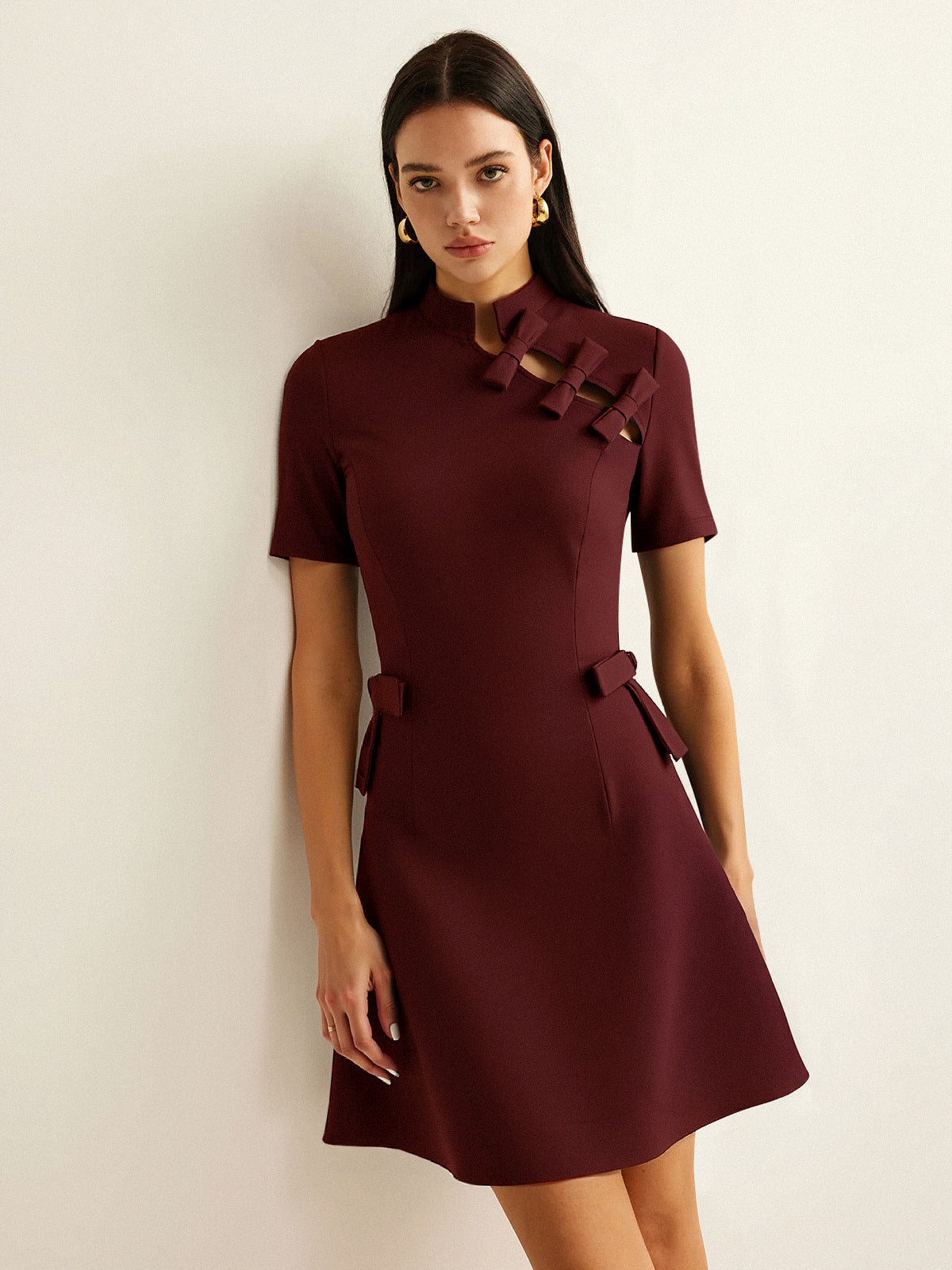 Bow Cut-Out Stand Collar Short Sleeve Dress
