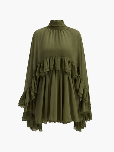 Semi-Sheer Chiffon Ruffle Dress With Outer Cape