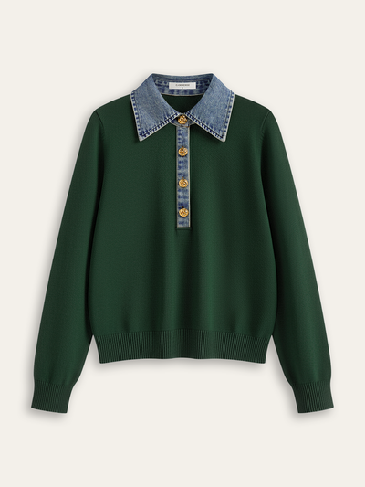 Denim Collar Wool Blend Knit Top