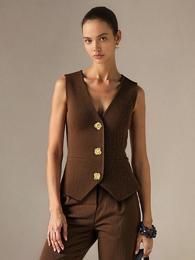 Corduroy V-neck Buttoned Vest