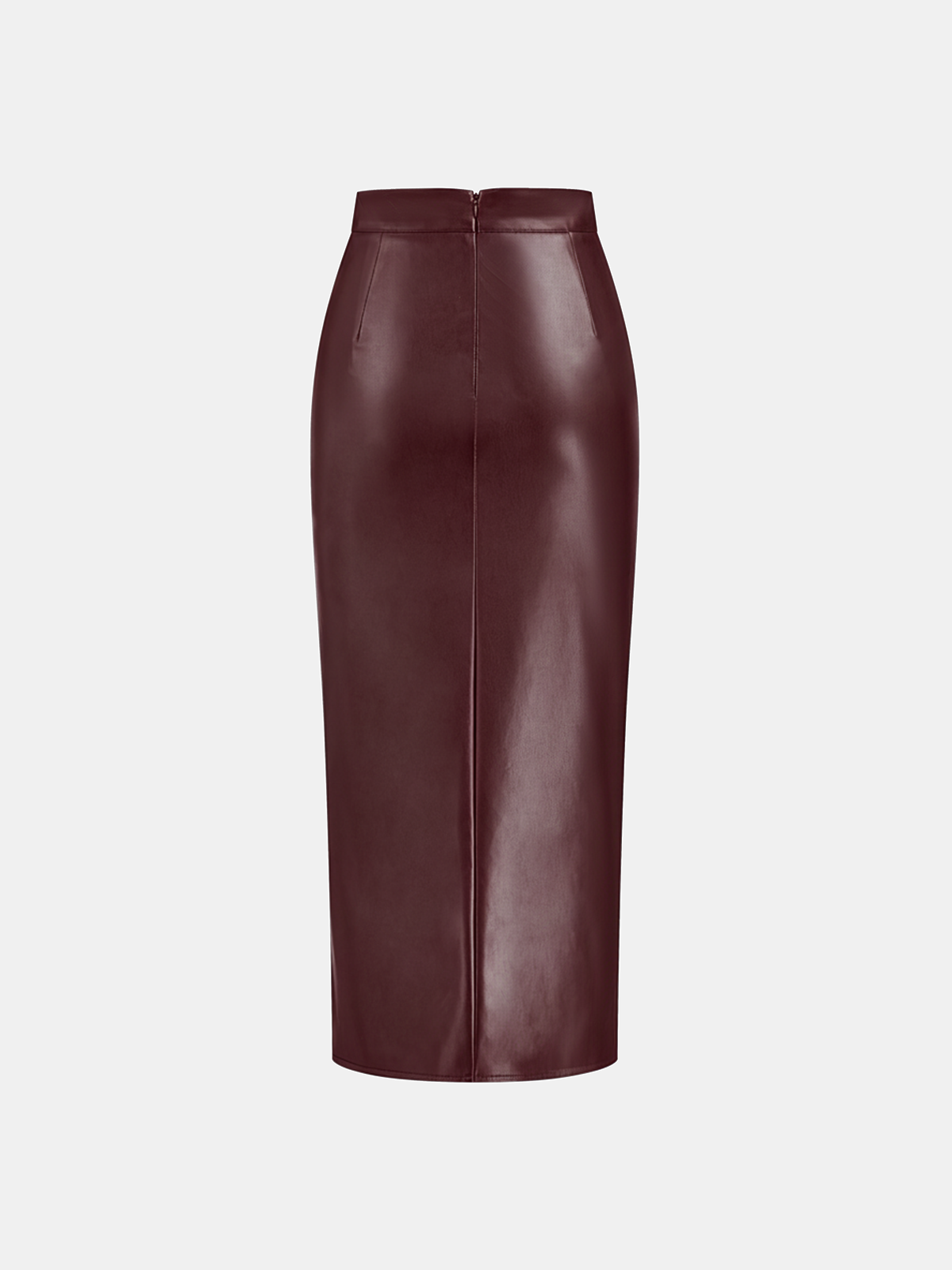 Ruched Slit PU Leather Midi Skirt
